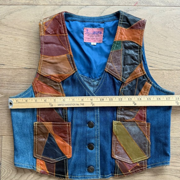 Vintage 70s Aura Rosemary Denim Leather Patchwork Vest & Flare Jeans Set L 32 - Picture 8 of 15